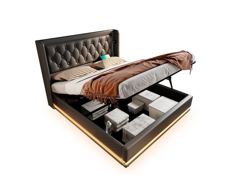  Lit double coffre 180x200 cm-hydraulique-led 3 côtés-usb type-c-tête de lit capitonnée-sommier à lattes-acier et pu-noir (sans matelas)  - Conforama A
