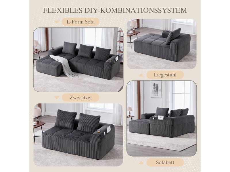  Canapé modulable, canapé de salon – en velours côtelé, porte-gobelets, poches latérales, coussins inclus, gris foncé  - Conforama E