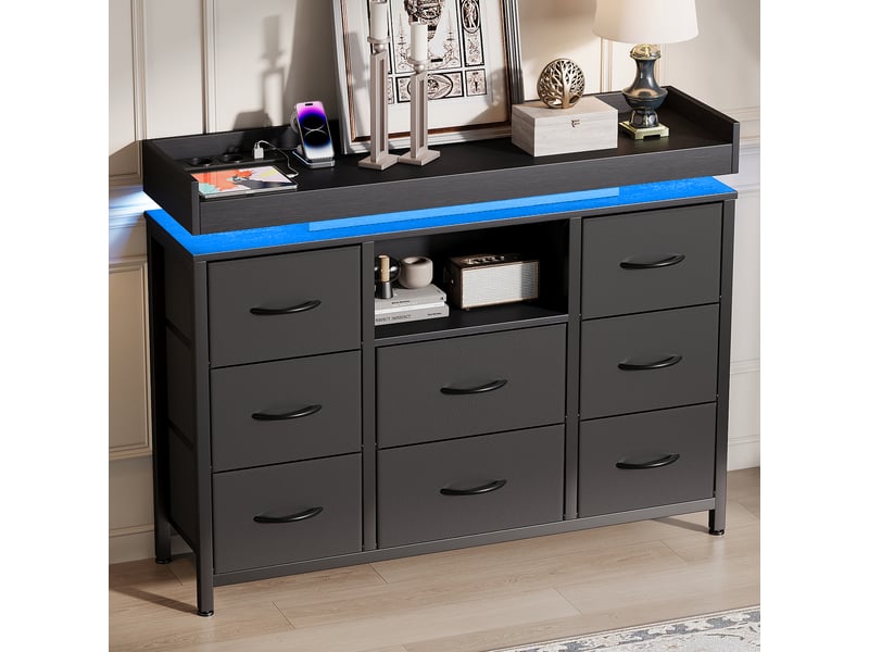  Commode 8 tiroirs avec éclairage led, meuble de rangement à prise intégrée, cadre en acier renforcé, noir  - Conforama B