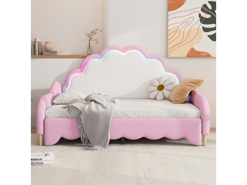 Lit banquette 140x200cm convertible en couchage tête de lit avec lumière rose - Conforama E