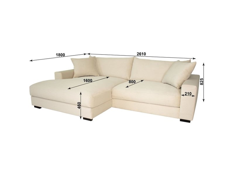  Canape d angle gauche fixe pedro beige en velours cotelé 3 places 261 x 180 x 82,5 cm accoudoirs larges assise ferme PEDRO-REC.3S in cord R, Zoom 1 - Conforama E