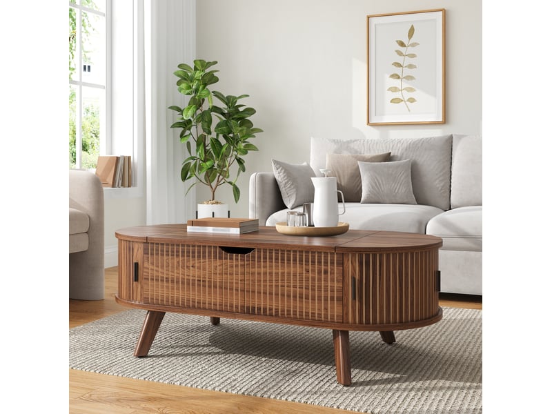 Table basse relevable ovale 110x50x53,5 cm avec rangement coloris noyer  - Conforama E