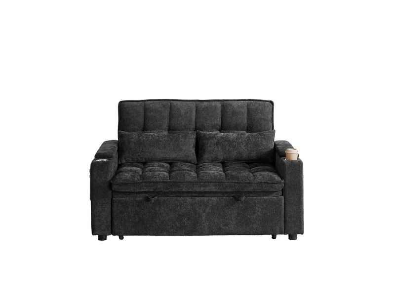 Canapé-lit 3-en-1 142 cm avec coussins moelleux, 2 coussins lombaires, tablette et porte-gobelet - Conforama A