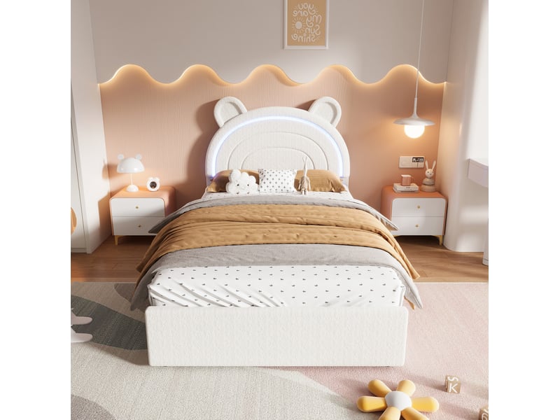 Lit enfant 90x200 cm, 4 tiroirs, tête de lit ours, led pilotable par application, velours beige, sans matelas - Conforama D