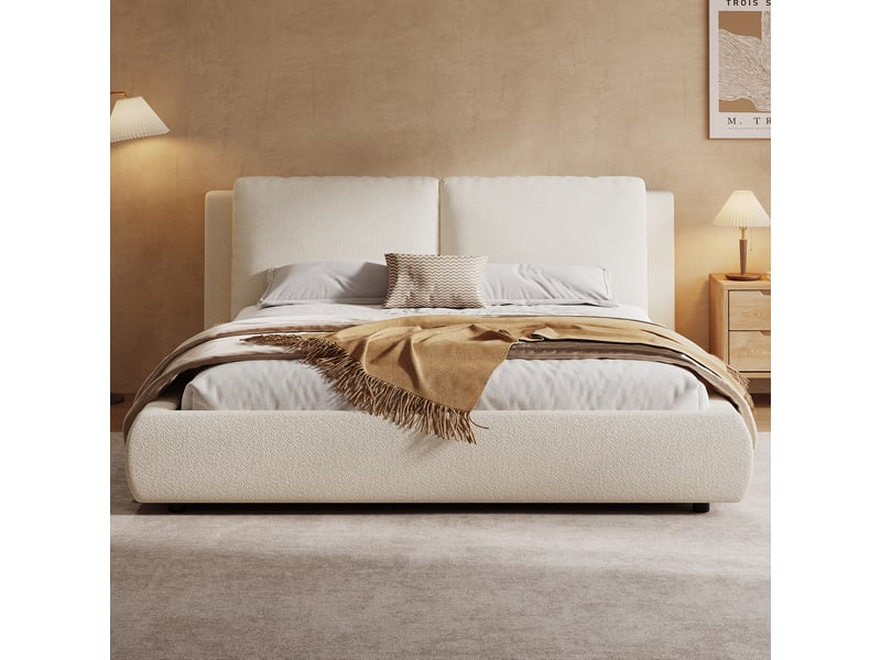  Lit coffre 160x200 cm, lit double, sommier à lattes, rangement hydraulique, tissu bouclé beige, tête de lit rembourrée  - Conforama D