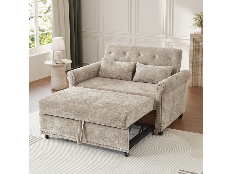 Canapé droit convertible 2 places en tissu taupe, dossier réglable 3 positions et couchage d'appoint 170x98 cm - Conforama B