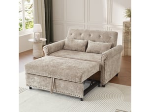 Canapé droit convertible 2 places en tissu taupe, dossier réglable 3 positions et couchage d'appoint 170x98 cm