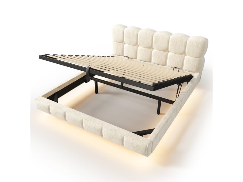 Lit coffre bubble en chenille beige 140x200 cm avec led, usb et type-c Fay Lum - Conforama R