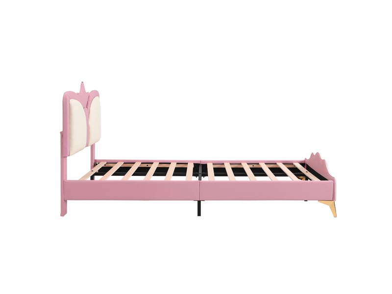  Lit enfant rembourré 90x200 cm, cadre de lit adulte avec tête de lit couronnée, lit 2 personnes, structure de lit, rose + blanc  - Conforama B