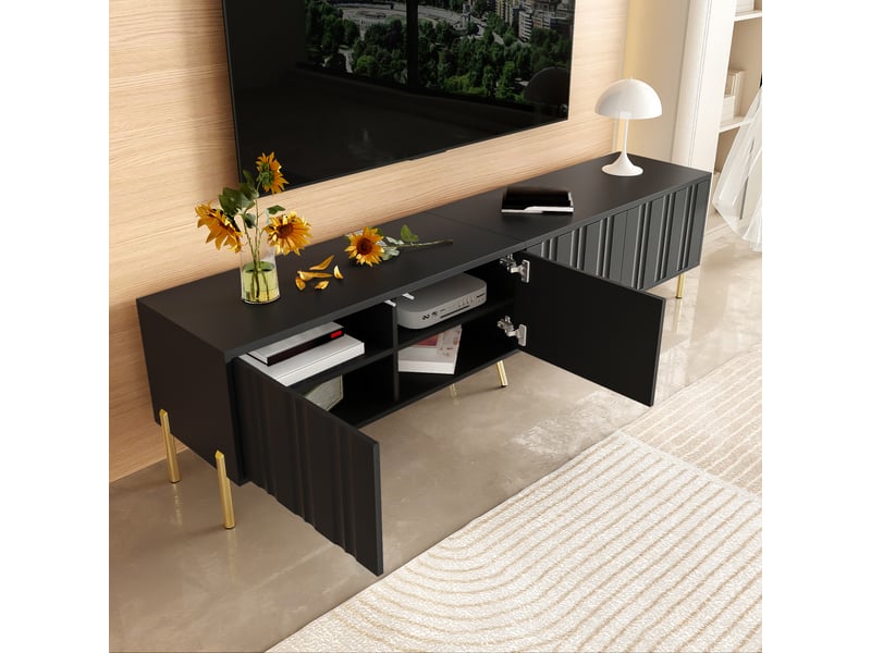  Meuble tv noir 190 cm avec pieds dorés, portes rainurées  - Conforama E