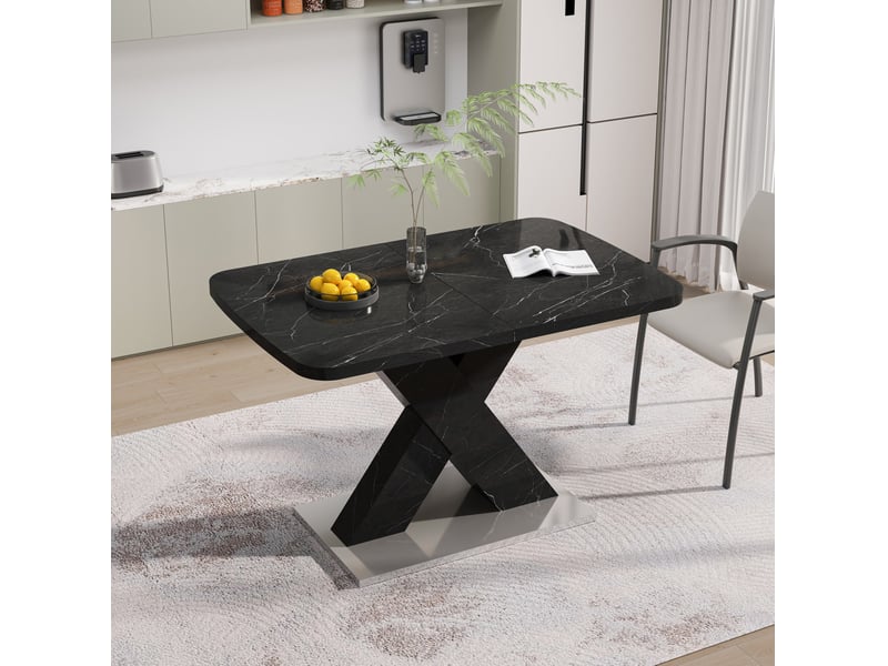 Table de salle à manger extensible avec pied en x, décor marbre noir, en mdf et acier, 120 à 160 × 80 × 76,5 cm - Conforama C