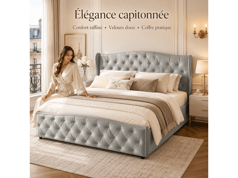  Lit coffre double 160 x 200 cm en velours, lit rembourré avec de rangement hydraulique, lit double avec sommier à lattes et tete de lit capitonné, décor avec boutons,2 personnes, sommier à lattes, chambre adulteado, cadre de lit…  - Conforama D