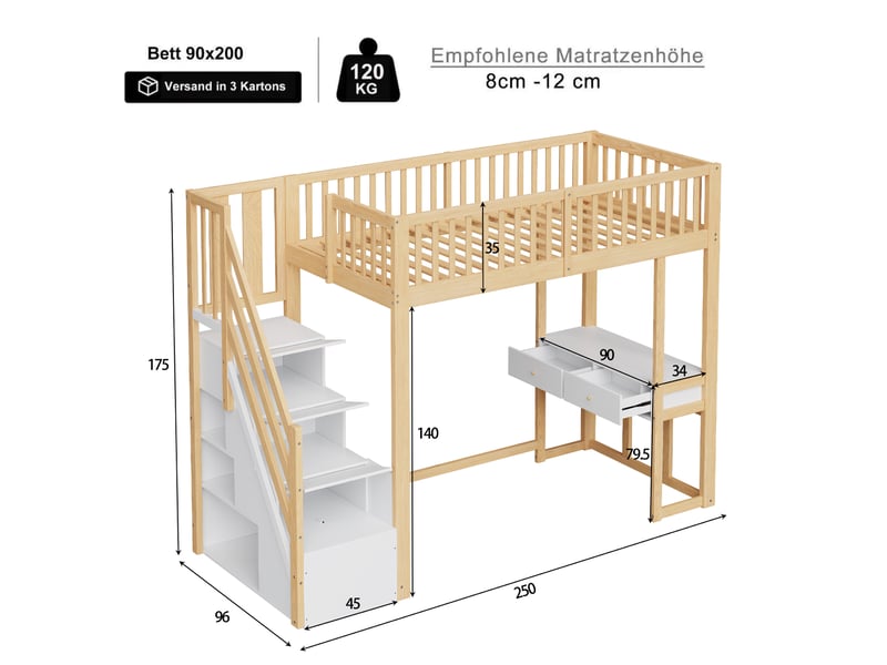  Lit mezzanine 90x200 cm, design moderne, avec table multifonction et escalier de rangement, bois, blanc, sans matelas  - Conforama C