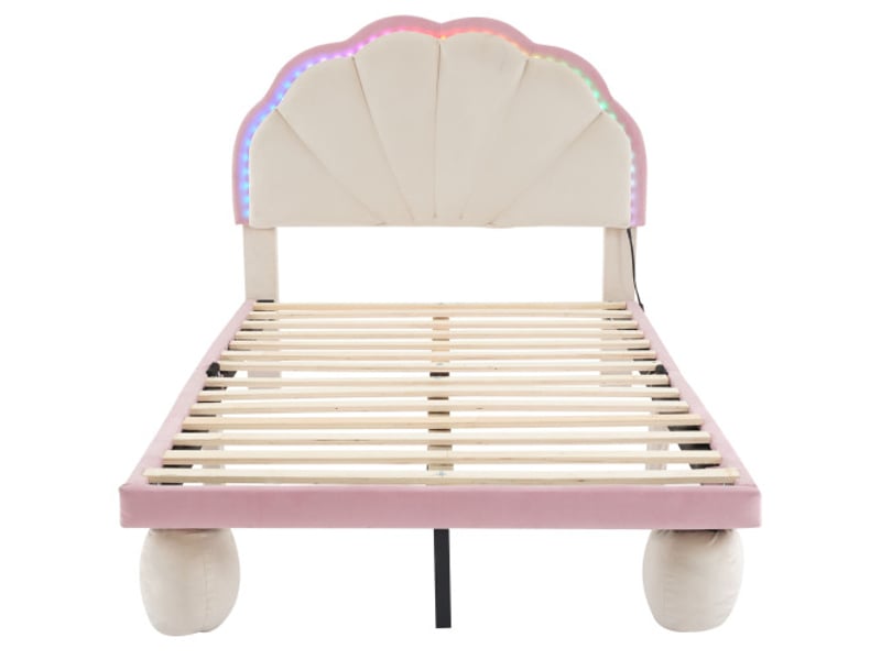 Lit rembourré d'enfant 90x200cm, lit simple en bois, avec bandes lumineuses multicolores, velours beige et rose, sans matelas - Conforama A