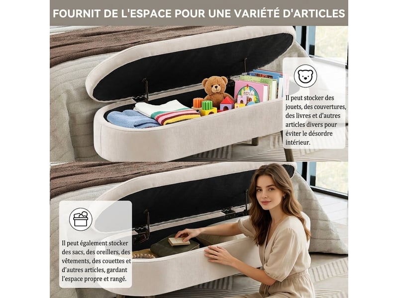  Banc de rangement beige 110 cm en tissu chenille avec coffre et pieds en bois  - Conforama D
