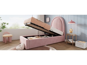 Lit coffre rembourré 90×200 cm, tissu velours, cadre métallique, lit simple, avec matelas, rose