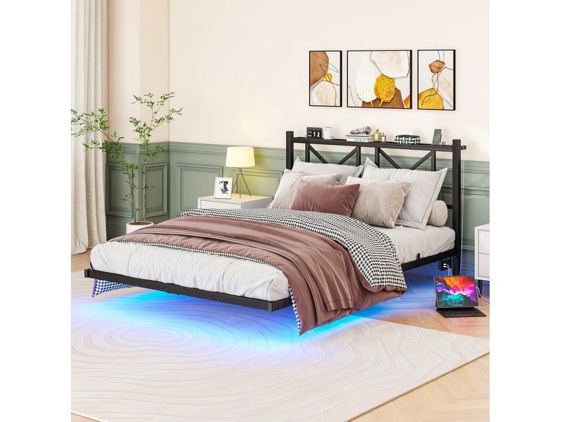Lit métal 140 × 200 cm 2 places avec led réglable, station de charge usb, tête de lit avec rangement, sans matelas - Conforama B
