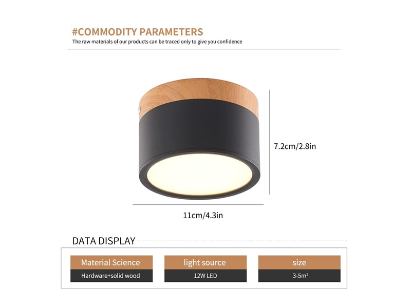  Plafonnier led rond en bois, spot en saillie décoratif, noir, blanc chaud 3000,12 w  - Conforama C