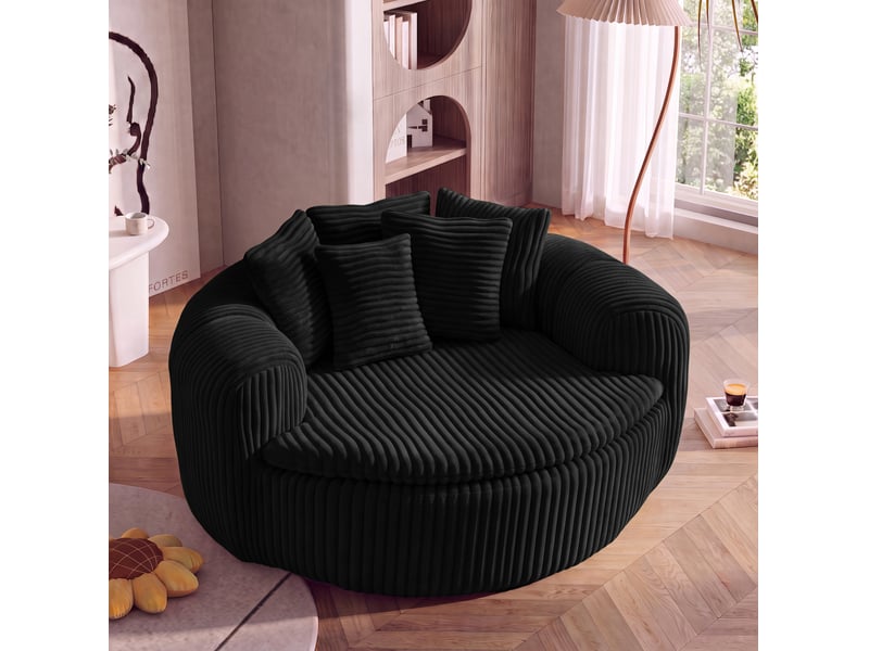 Fauteuil lounge 1 place à assise profonde avec 5 coussins et accoudoirs enveloppants en velours côtelé noir - Conforama B