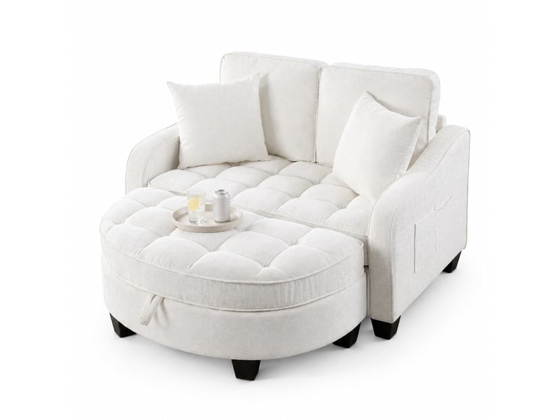  Canapé droit convertible 1 place beige en tissu, avec pouf de rangement, idéal pour les petits espaces  - Conforama A