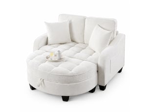 Canapé droit convertible 1 place beige en tissu, avec pouf de rangement, idéal pour les petits espaces