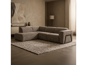Canapé d'angle en tissu taupe avec détail métal noir - angle gauche