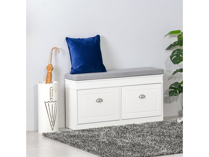  Banc à chaussures avec rangement pour 8 paires de chaussures, 2 tiroirs et étagères réglables, 104 x 24 x 55 cm, blanc  - Conforama D