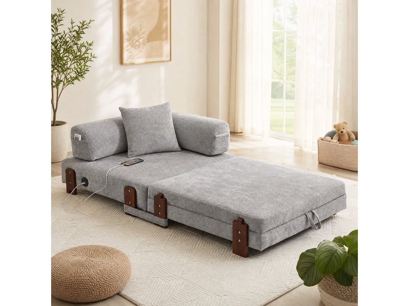  Canapé-lit pliant 1 place gris clair avec usb, port type-c et rangement  - Conforama C