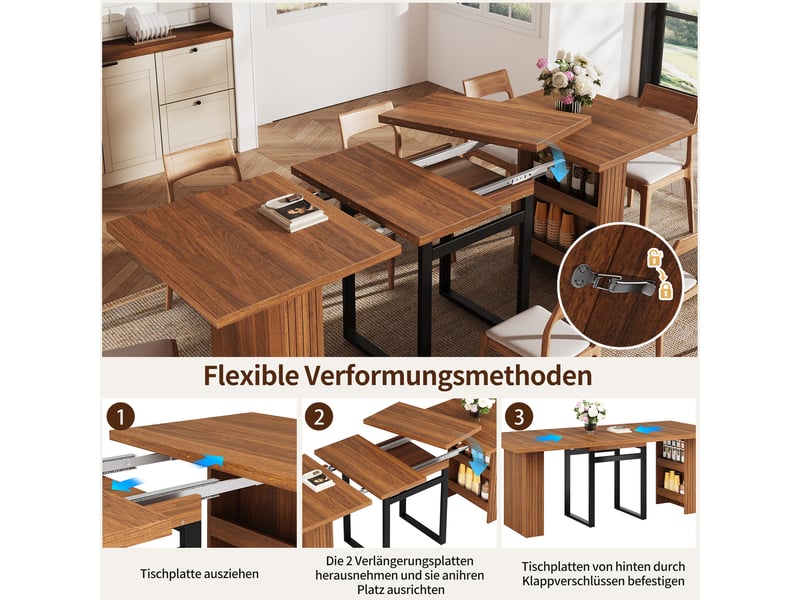 Table à manger extensible avec rangement intégré, rallonge 3 positions, pieds métal, décor bois, brun foncé evarich - Conforama D
