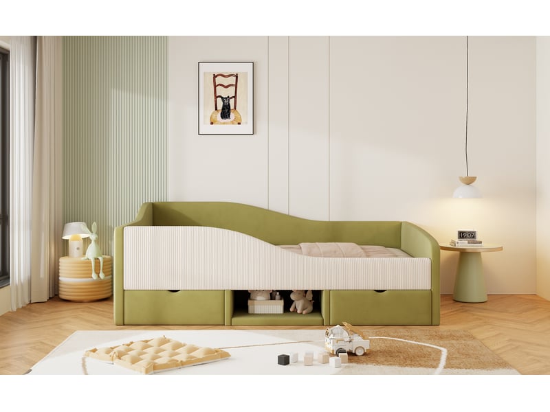  Canapé-lit 90x190 cm avec deux tiroirs et barrière de sécurité, cadre de lit adulte, lit simple en velours, vert foncé + crème  - Conforama R