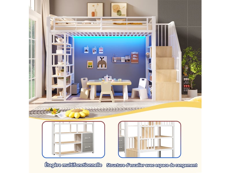  Lit mezzanine 90x200 cm, rangements ouverts, tiroirs tissu, escalier, led multicolore, métal mdf, blanc, sans matelas  - Conforama D