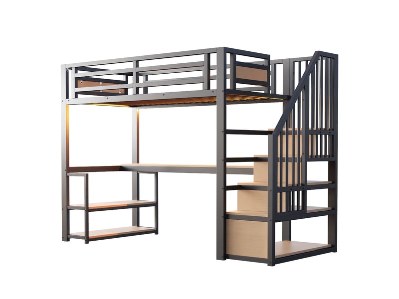 Lit mezzanine métal noir 90x200 cm, bureau, rangements, escalier, barrière, led et prise - Conforama E