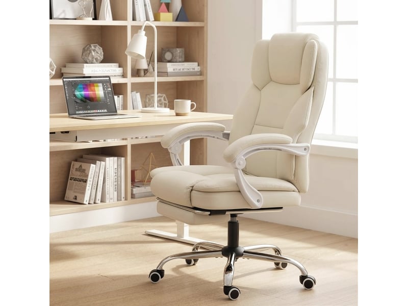 Fauteuil de bureau beige inclinable 155° en cuir régénéré avec repose-pieds, hauteur réglable et roulettes - Conforama B