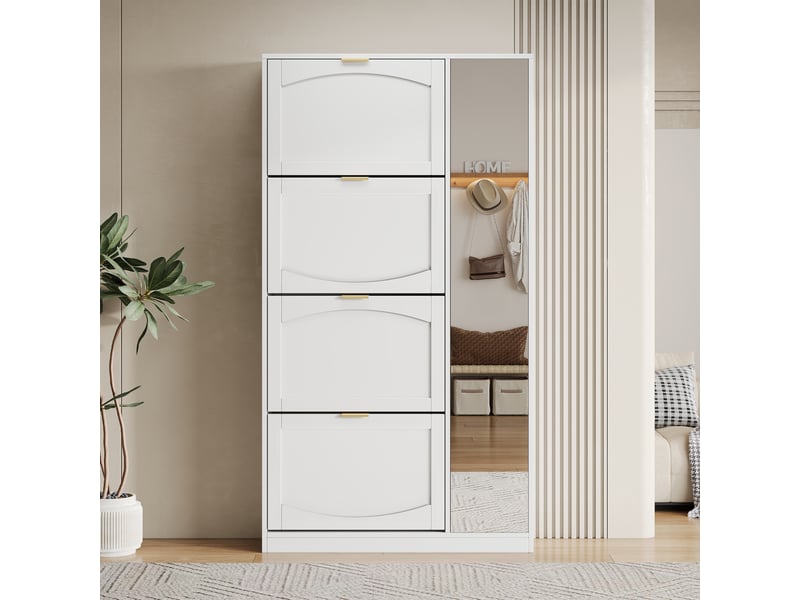  Meuble à chaussures 80x24x147 cm avec miroir, 4 abattants et étagères réglables, rangement gain de place - Blanc Fay Lum - Conforama B