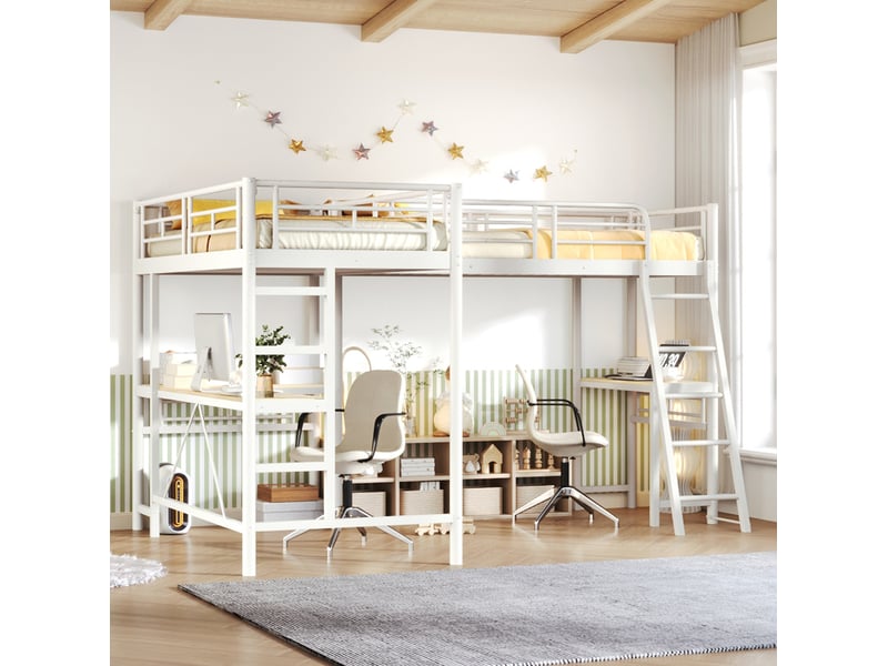  Lit mezzanine 90x200 cm, 2 couchages en l avec bureaux et échelles, en métal, blanc, sans matelas  - Conforama B