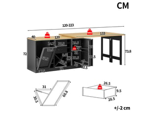 Îlot de cuisine noir rotatif 360° 120–223cm avec rangement, casier à vin amovible, support poubelle et étagères snacks