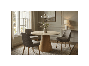 Table de salle à manger ronde lumea 120 cm en céramique beige avec pied central aspect bois – 4 places