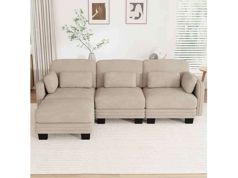  Canapé d’angle modulable 3 places en chenille café clair avec ottomane  - Conforama B