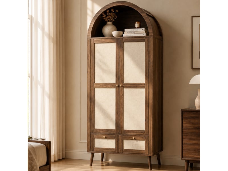  Armoire 80x55x180 cm, 2 portes, 2 tiroirs, penderie, niche arquée, mdf et pe aspect rotin, noyer et beige  - Conforama D