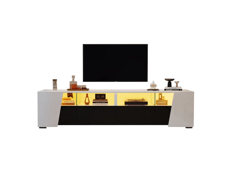  Meuble tv 180 x 38,5 x 45 cm avec led, 2 tiroirs, 2 portes, blanc et noir  - Conforama A