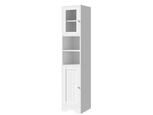Colonne de rangement 30x35x160 cm blanche en panneaux de particules, 2 portes et 2 niches centrales ouvertes