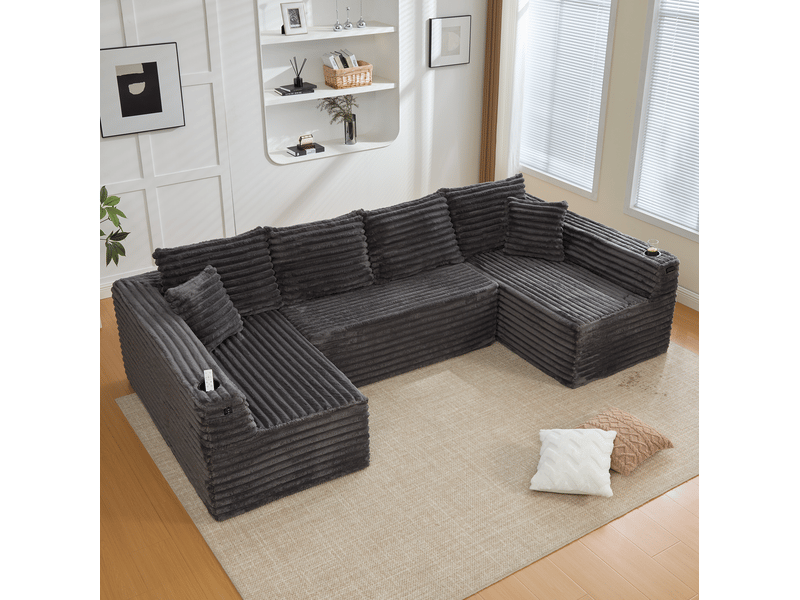  Canapé modulable en u modenvie 6 places gris foncé en velours côtelé avec porte-gobelets et poches latérales 320 x 155 x 88 cm  - Conforama E