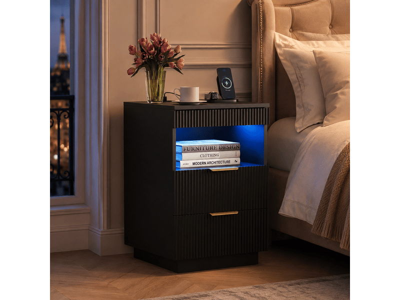 Table de chevet 40x40x60 cm, table de nuit avec station de charge usb c et led rgb, compartiment caché, avec 2 tiroirs et niche de rangement, noir - Conforama C