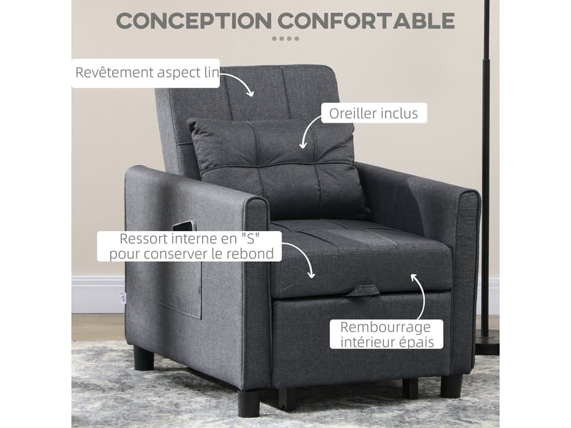 Fauteuil convertible 1 place 3 en 1 dossier réglable en 3 positions oreiller inclus 2 poches latérales gris 69x82x85cm - Conforama D