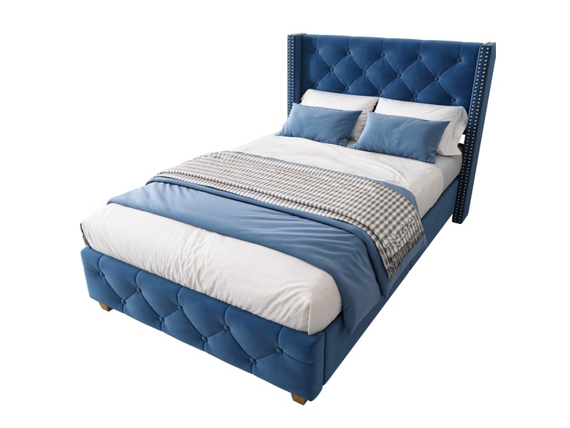  Lit simple 90x200 cm en velours bleu avec sommier à lattes et tête de lit  - Conforama A