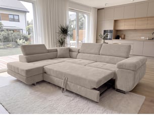 Canapé d'angle gauche convertible <strong>AX LIVING </strong> <strong>Konak</strong> 5 places Velours côtelé beige avec coffre de rangement