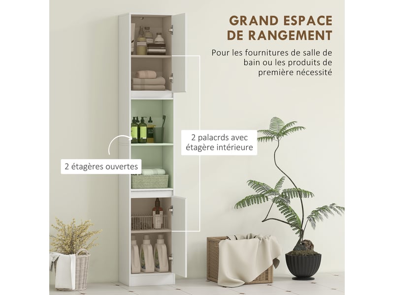  Meuble colonne salle de bain, meuble de rangement avec 2 portes, 2 compartiments ouverts, , 30 x 24 x 170 cm, blanc  - Conforama D
