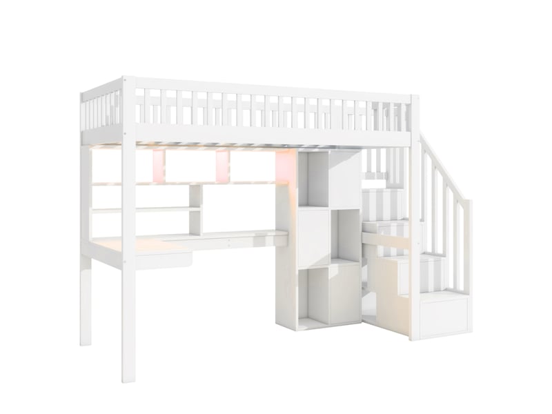 Lit mezzanine blanc 90x200 cm, led, bureau, escalier-rangement et étagères - Conforama E