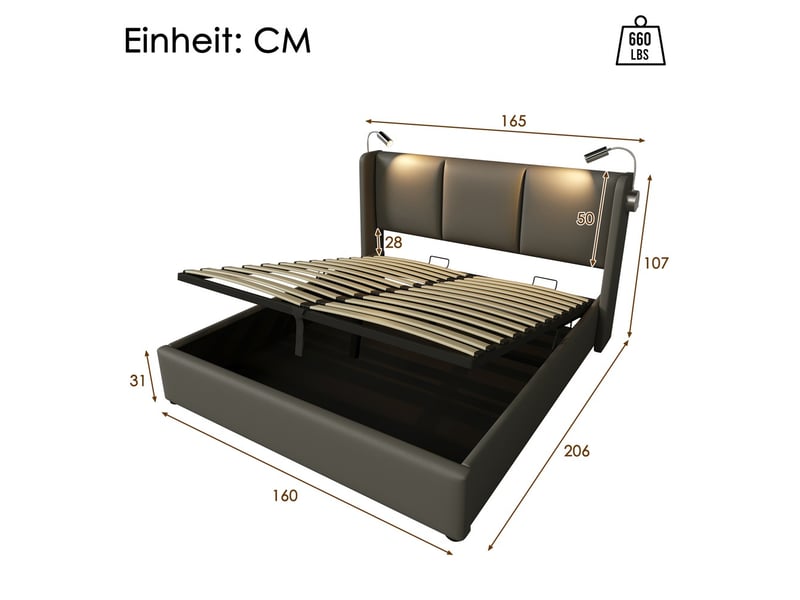 Lit coffre 160x200 cm avec matelas, sommier en pu, usb, lumière de lecture, rangement - Conforama C