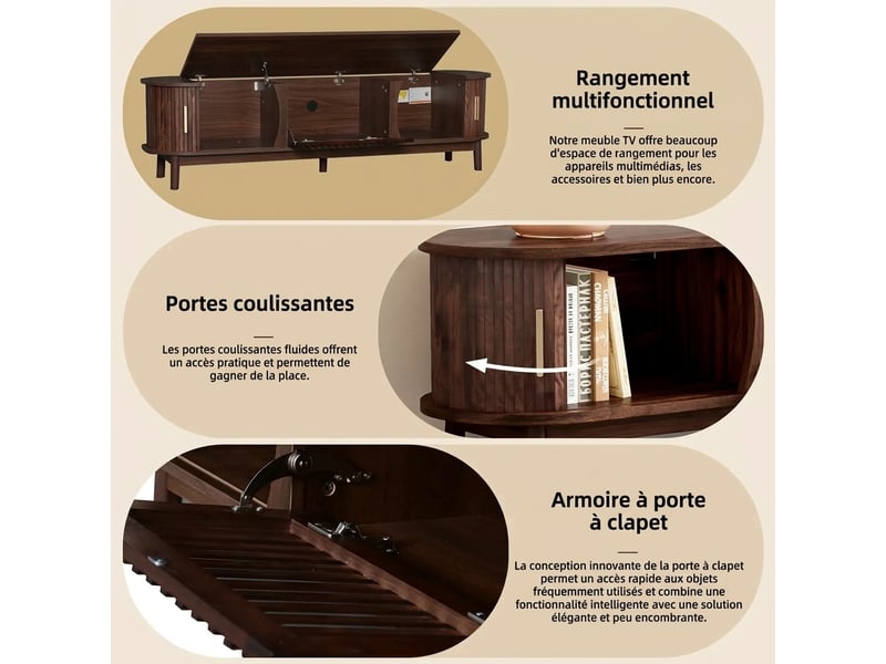  Meuble tv marron 165 cm avec portes coulissantes, meuble tv pour écran 65 pouces, style rétro scandinave en mdf  - Conforama R